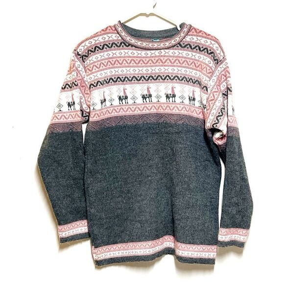 Yarina Handmade in Equador Grey Pink Alpaca Blend Sweater Womens L - Picture 4 of 8